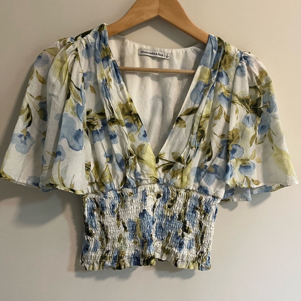 Floral Blue and Green Smocked Top